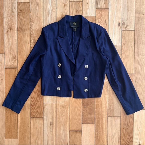 House of Harlow 1960 Jackets & Blazers - House Of Harlow Cropped Linen Blend Navy Blue Double Breasted Blazer Size Medium